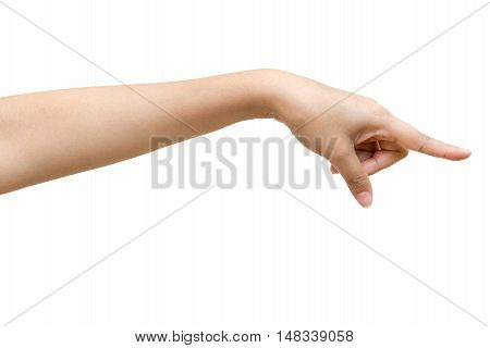 Female hand touching or pointing to something isolated on white background Clipping path included.