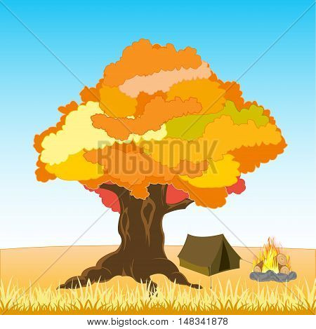 The Tent and campfire under tree by autumn.Vector illustration