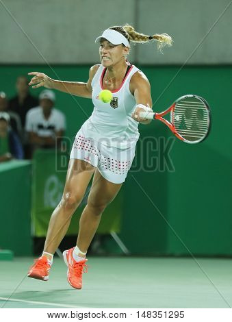 RIO DE JANEIRO, BRAZIL - AUGUST 13, 2016: Olympic silver medalist Angelique Kerber of Germany in action during tennis women's singles final of the Rio 2016 Olympic Games at the Olympic Tennis Centre