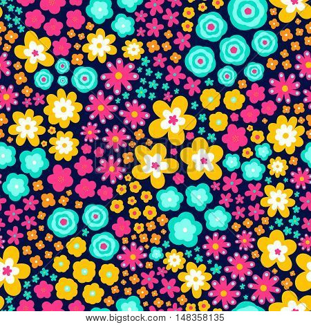 Summer flowers. Vector seamless pattern with flat floral ornament. Bright colors - pink yellow orange green elements on black background.