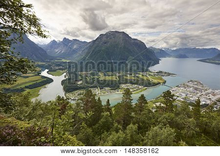Norway landscape. Romsdal fjord Rauma river and Romsdal mountains. Andalsnes. Nesaksla