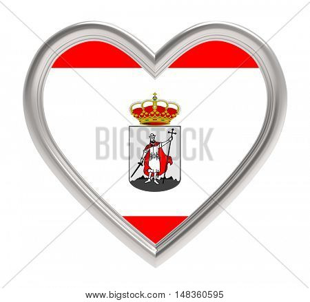 Gijon flag in silver heart isolated on white background. 3D illustration.
