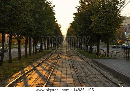 vitebsk city shade trees sunset tram rails