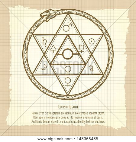 Mystical astrological sign with alchemy elements and uroboros on vintage notebook page. Vector illustration