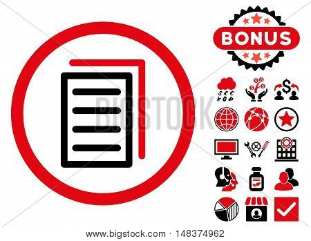 Copy Document icon with bonus pictures. Vector illustration style is flat iconic bicolor symbols intensive red and black colors white background.