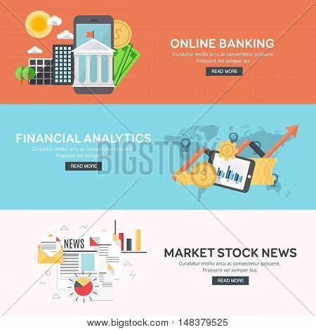Flat design concept of business big data analysis, financial analytics, online banking, marketing stock news. Concepts for web banner and printed materials. Vector illustration.
