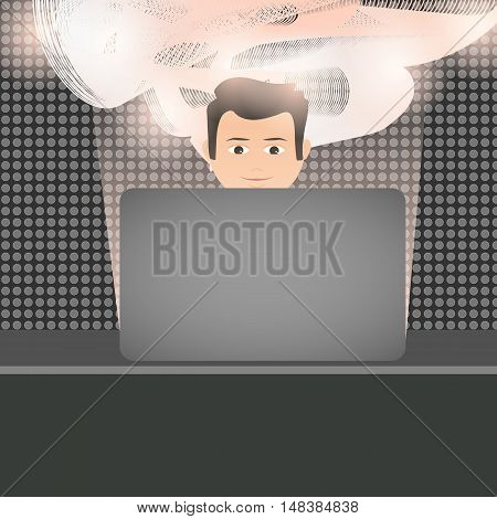 positive and innovative human in a modern desk with laptop. vector