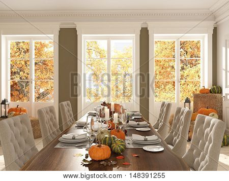 cozy nordic kitchen in an apartment. thanksgiving and fall concept. 3D rendering