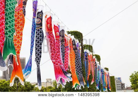 Japanese koinobori flags for Children's day on blue sky background