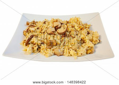 Hot Risotto With Mushrooms On White Plate On White Background
