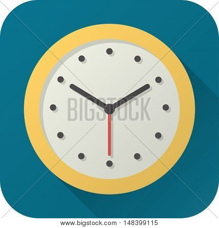 Vector illustration. Square shape icon in flat design. Toy analog clock in simple design with long shadow. Icon vector size 1024 corner radius 180