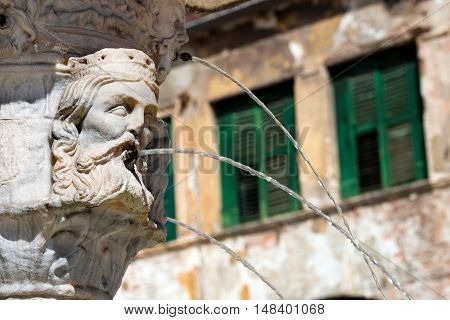 Detail of the fountain of Madonna Verona with heads of kings in Verona (UNESCO world heritage site) Veneto Italy