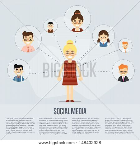 Social media and social network people connecting. Social network concept. Business network social conncetions. People life in social network. Social networking. Social media network infographics with people and their social network. Teamwork concept.