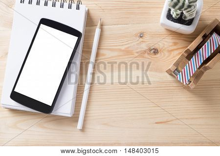 Topview Of Office Stuff On Wooden Working Table.
