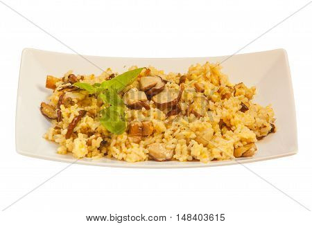 Hot Risotto With Mushrooms On White Plate On White Background