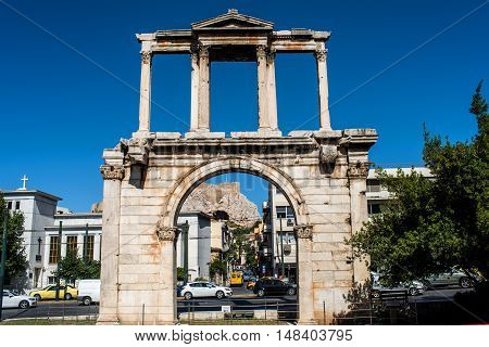 Adrianou Gate in the city of Athens, Greece