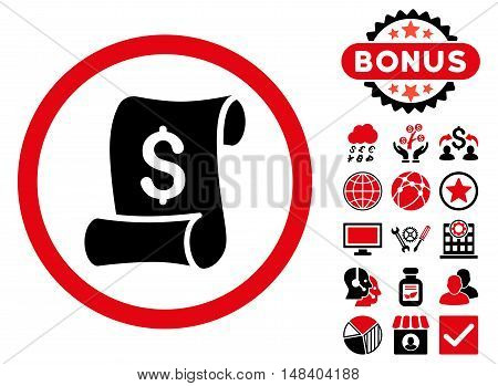 Financial Receipt Roll icon with bonus images. Vector illustration style is flat iconic bicolor symbols, intensive red and black colors, white background.