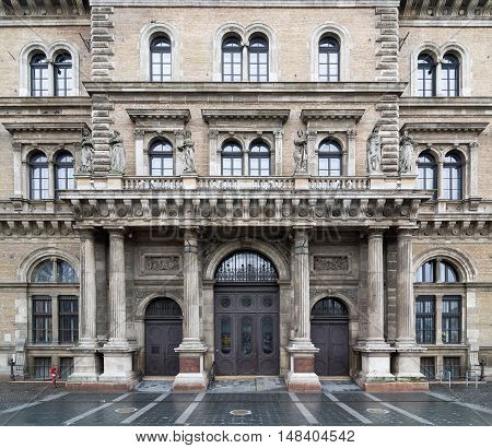 BUDAPEST, HUNGARY - FEBRUARY 21, 2016: Main building of the Corvinus University of Budapest. Part of the UNESCO Heritage Site. Built in neo-renaissance style. Budapest, Hungary.