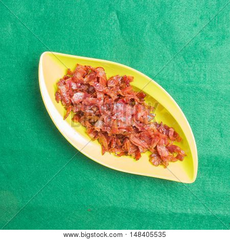 fried bacon on Plate / cooking Beaked spinach concept