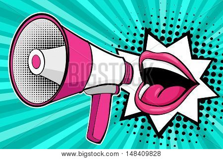 Sexy Open Female Mouth And Megaphone Screaming. Vector Background In Comic Retro Pop Art Style.