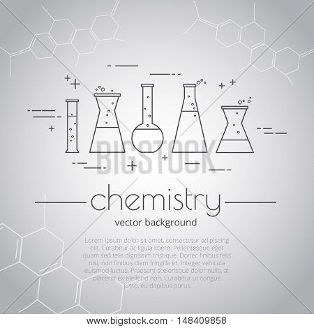 Vector background with set of icons - flasks with bubbles. hemistry - inscription . Science and educational background.
