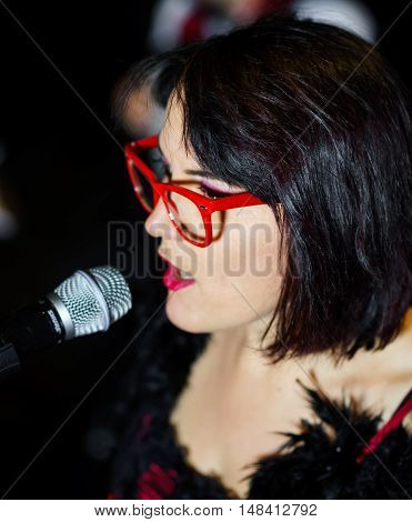 Christel Kern Singing Chanson. Portrait Of French Actress. Scene Shooting.