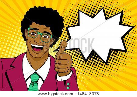 Wow pop art man. Happy young handsome surprised african man in glasses and suit shows thumb up with open mouth afro hairstyle and speech bubble. Vector colorful cartoon background in pop art retro comic style.