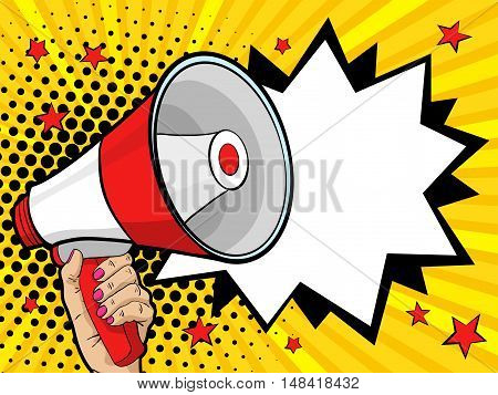 Female hand with megaphone. Vector background in comic retro pop art style.