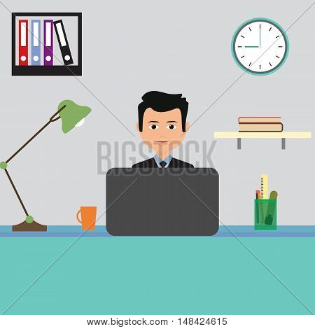 Happy smiling businessman working with laptop in the office. vector