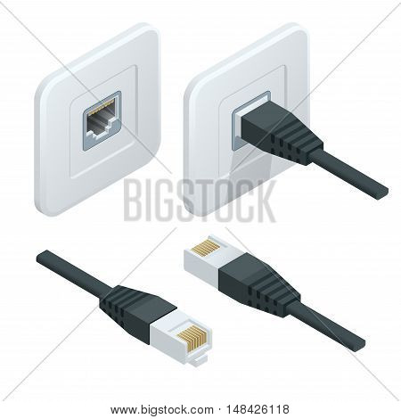 Isometric Vector network socket icon. LAN cable network internet