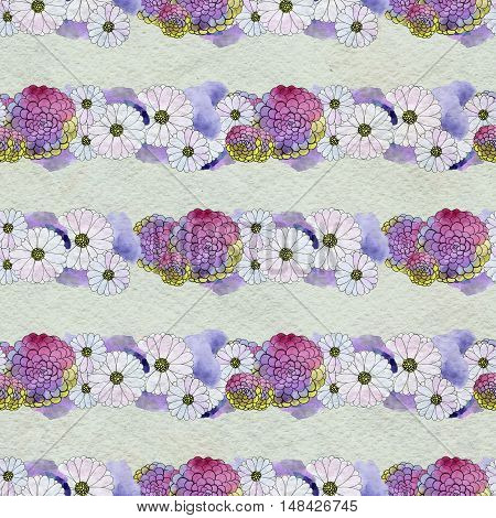 Seamless floral pattern with asters and daisy flowers. Floral watercolor background.