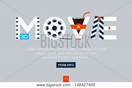 Creative word for online movie and other lettering on gray background. Web banner flat design concept. Vector illustration