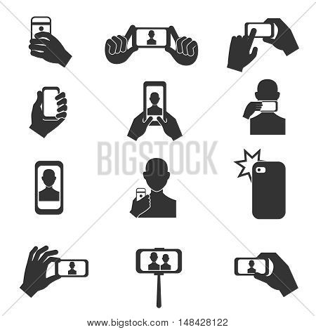 Selfie photo vector icons set. Photography with use smartphone and stick illustration