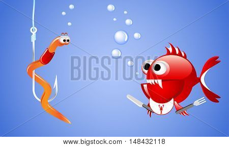 Cartoon evil red fish looking at a worm on a fishing hook and wants to eat it.  Illustrations for printed materials and backgrounds.