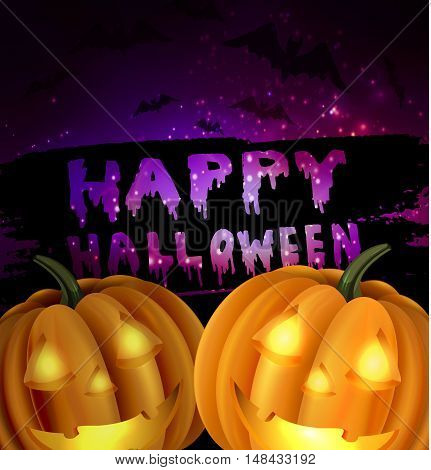 Happy Halloween Calligraphy. Halloween banner. Halloween lettering on a green abstract background with bats two pumpkins with light inside and stars