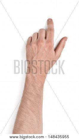 Close up view of a man's hand touching something with his forefinger isolated on white background. Place for touchscreen. Pointing at something. Showing gesture. Body language.