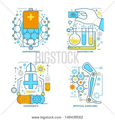 Nanotechnology colored linear compositions including innovative materials and medical treatment robots and artificial limbs isolated vector illustration