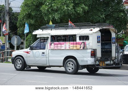 CHIANGMAI THAILAND -AUGUST 18 2016: White Pick up truck taxi chiangmai Service between Doisaket and Sankampeng district. On road no.1001 8 km from Chiangmai city.