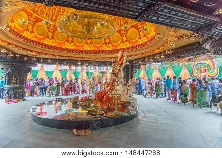 KOLKATA INDIA - OCTOBER 21 2015 : Beautiful interior of decorated Durga Puja pandal at Kolkata West Bengal India. Durga Puja is biggest religious festival of Hinduism.