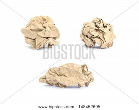Closeup group of brown crumpled paper isolated on white background