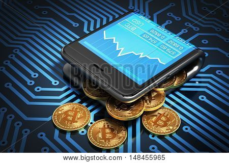 Concept Of Digital Wallet And Bitcoins On Printed Circuit Board. Bitcoins Spill Out Of The Curved Smartphone. 3D Illustration.