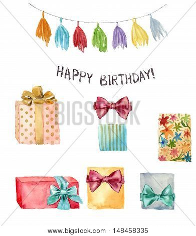 Watercolor Happy birthday element set. Hand painted illustration with tassel garland, Happy birthday lettering and birthday gift with bow isolated on white background