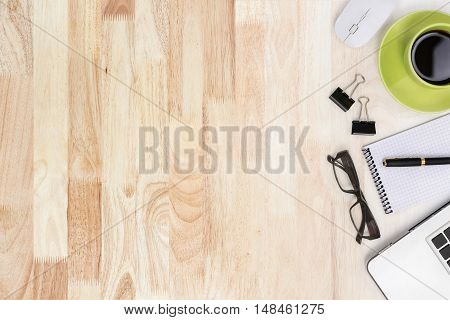 Top view business equipment with modern texture wood view from above luxury background for montage your product or advertise put your text to display.