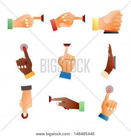 Hand press red button finger press icon on white background. Finger control start up hands push red buttons pointer cursor. Target gesture internet human hands push buttons touch concept one click.