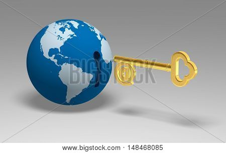 3D Globe Key gold world three-dimensional security