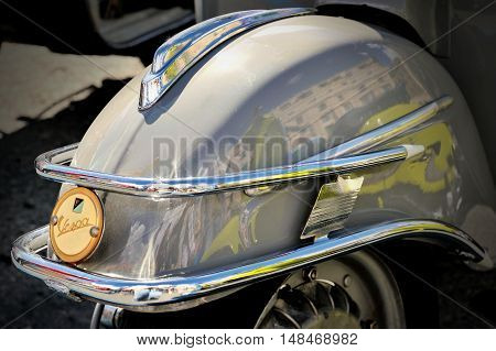 Genova, Liguria, Italy - September 18, 2016: Oktoberfest in Victory Square in Genoa, the first edition of motorsport meeting HBier rally dedicated to Vespas, Lambrettas and Fiat 500.
