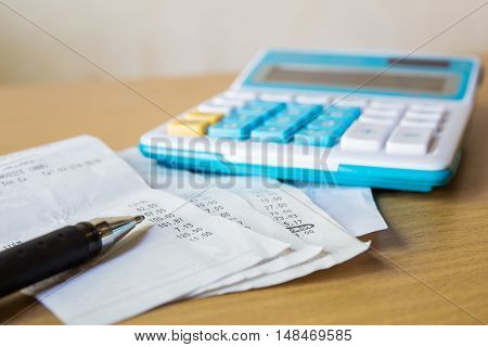 Close Up Of Receipt Paper And Caculator, Payment