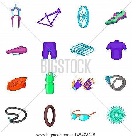 Bicycling icons set in cartoon style. Bike equipment set collection vector illustration