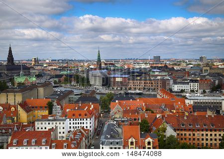 Panoramic view of Copenhagen from church Vor Frelsers Kirke in Copenhagen Denmark