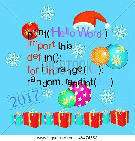 Christmas Greeting Card Programming Code On A Blue Background. Vector Illustration